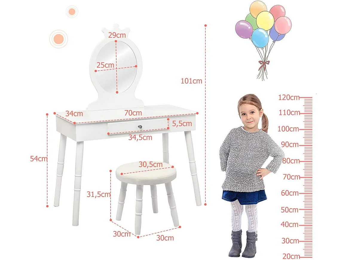 Coiffeuse avec Tabouret ,Table de Maquillage pour Enfants, Style Princesse Européenne avec Tiroir et Miroir