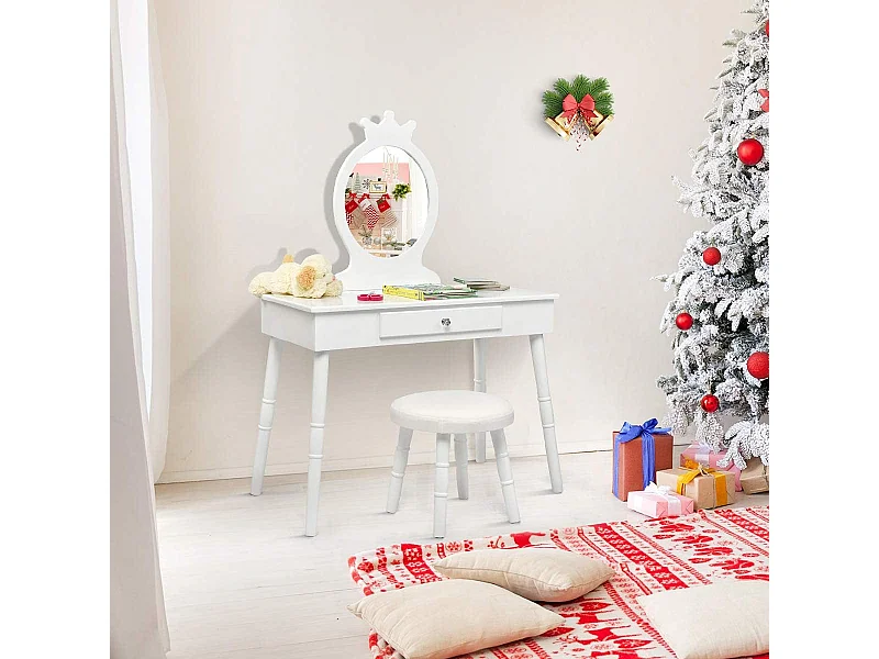 Coiffeuse avec Tabouret ,Table de Maquillage pour Enfants, Style Princesse Européenne avec Tiroir et Miroir