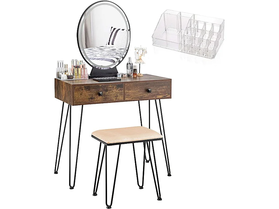 Coiffeuse, Table de Maquillage avec 1 Miroir Tactile à LED Choix d’Eclairage 3 Couleurs, 2 Tiroirs, 1 Boîte de Rangement et 1 Tabouret