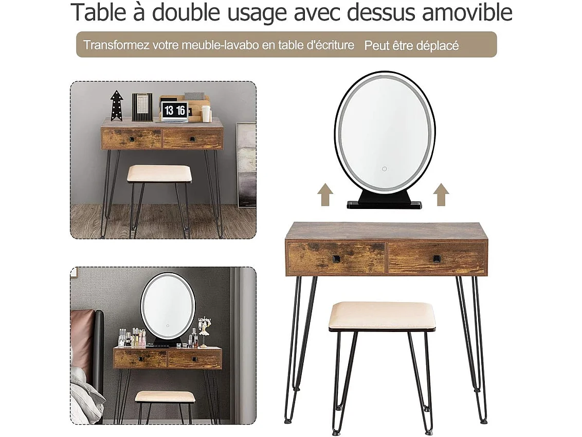 Coiffeuse, Table de Maquillage avec 1 Miroir Tactile à LED Choix d’Eclairage 3 Couleurs, 2 Tiroirs, 1 Boîte de Rangement et 1 Tabouret