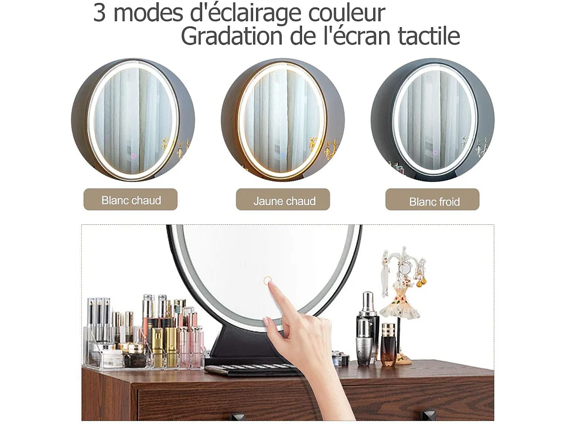 Coiffeuse, Table de Maquillage avec 1 Miroir Tactile à LED Choix d’Eclairage 3 Couleurs, 2 Tiroirs, 1 Boîte de Rangement et 1 Tabouret