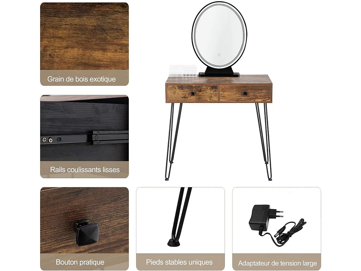 Coiffeuse, Table de Maquillage avec 1 Miroir Tactile à LED Choix d’Eclairage 3 Couleurs, 2 Tiroirs, 1 Boîte de Rangement et 1 Tabouret
