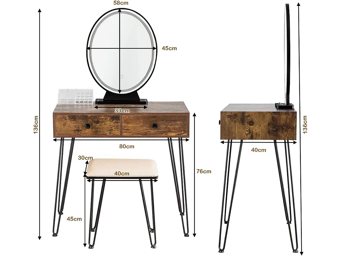 Coiffeuse, Table de Maquillage avec 1 Miroir Tactile à LED Choix d’Eclairage 3 Couleurs, 2 Tiroirs, 1 Boîte de Rangement et 1 Tabouret