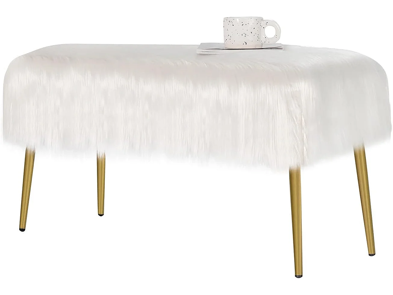 Banc en fourrure synthétique, pieds en métal doré, bout de lit 91 35,5x 45,5 cm