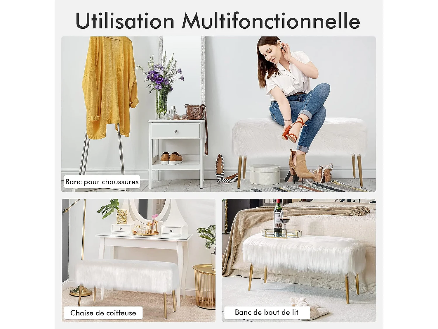 Banc en fourrure synthétique, pieds en métal doré, bout de lit 91 35,5x 45,5 cm