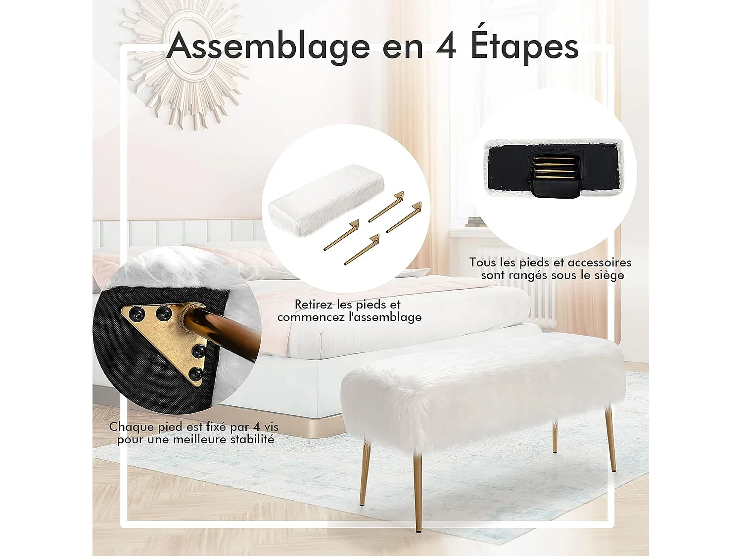 Banc en fourrure synthétique, pieds en métal doré, bout de lit 91 35,5x 45,5 cm