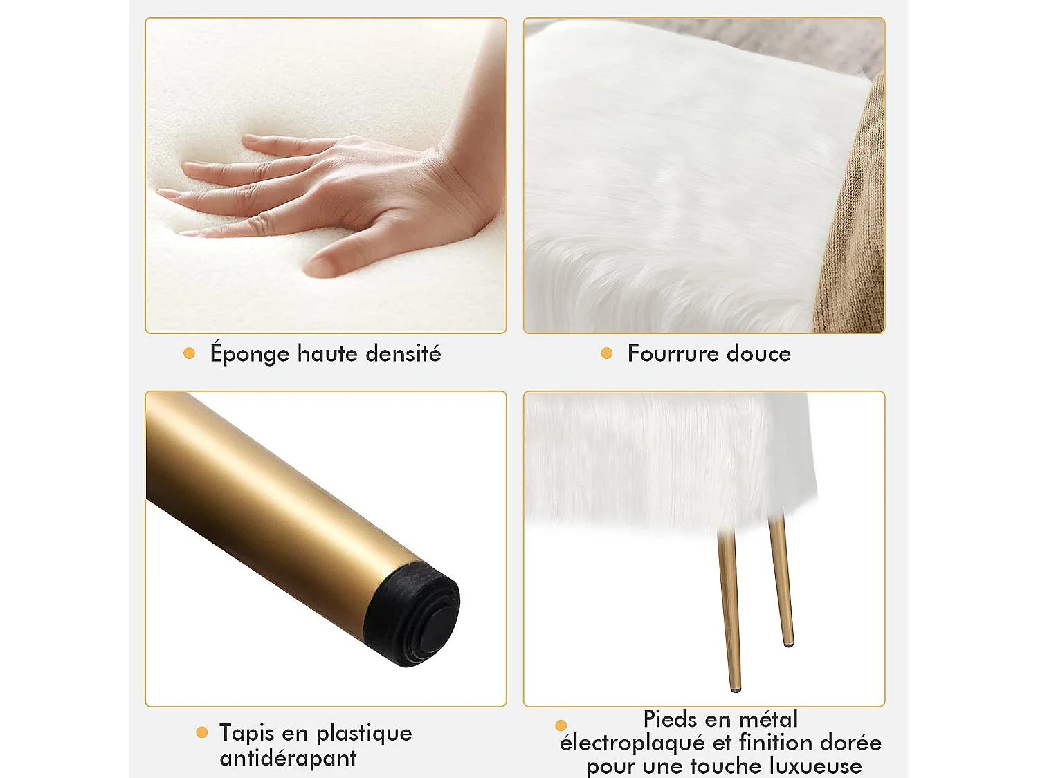 Banc en fourrure synthétique, pieds en métal doré, bout de lit 91 35,5x 45,5 cm