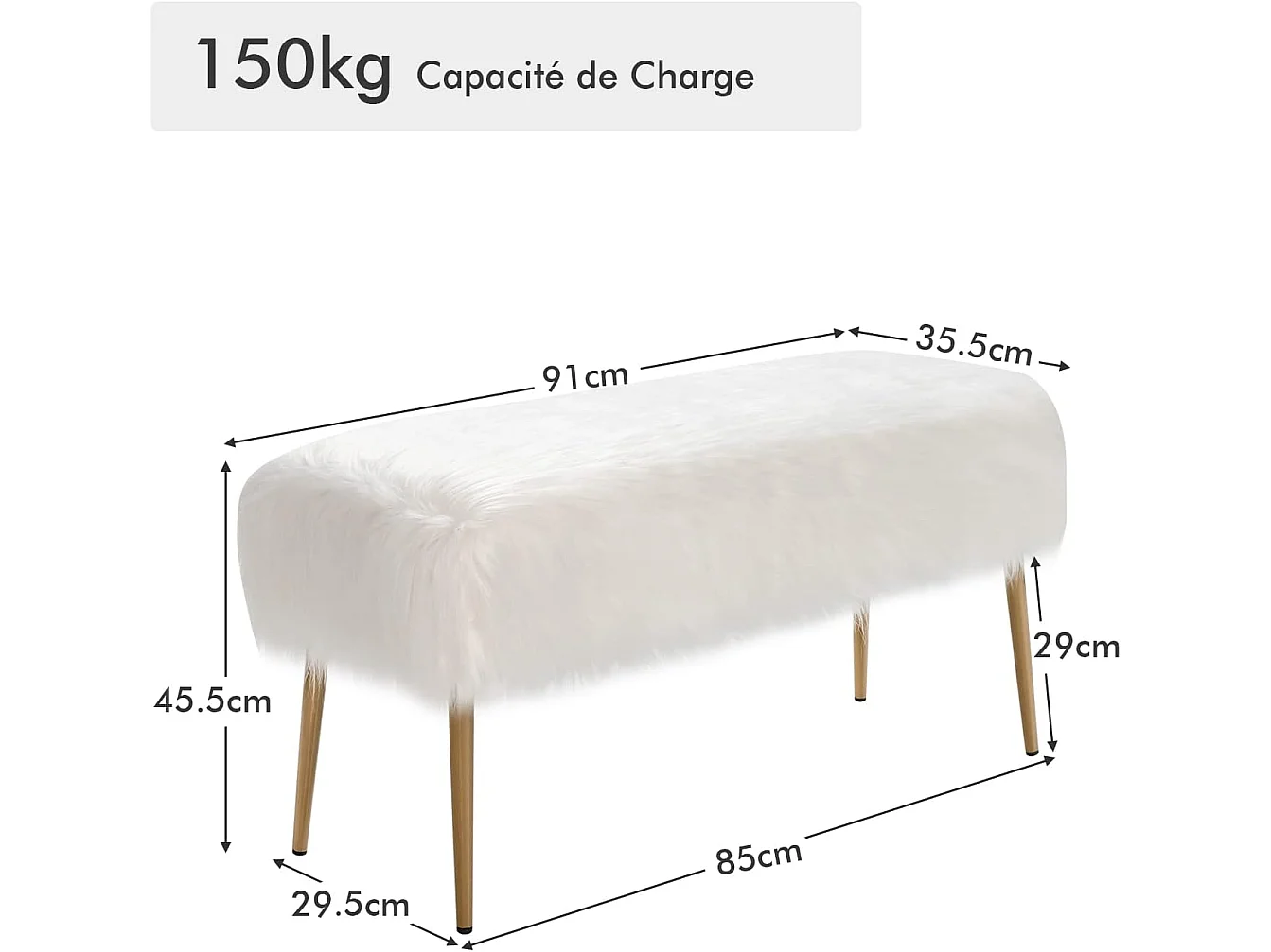 Banc en fourrure synthétique, pieds en métal doré, bout de lit 91 35,5x 45,5 cm