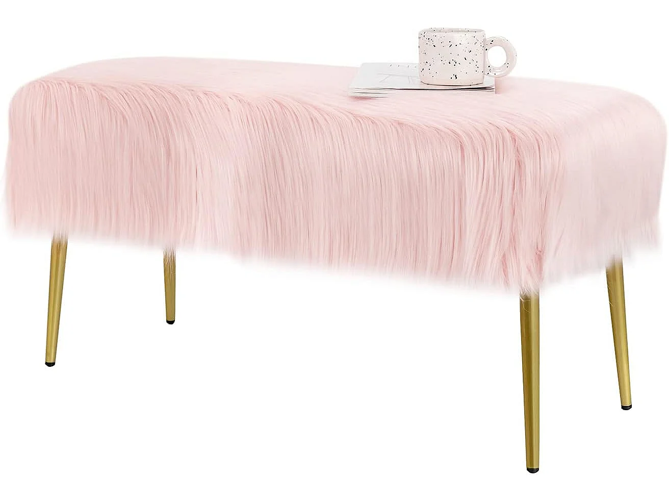 Banc en fourrure synthétique, pieds en métal doré, bout de lit 91 35,5x 45,5 cm