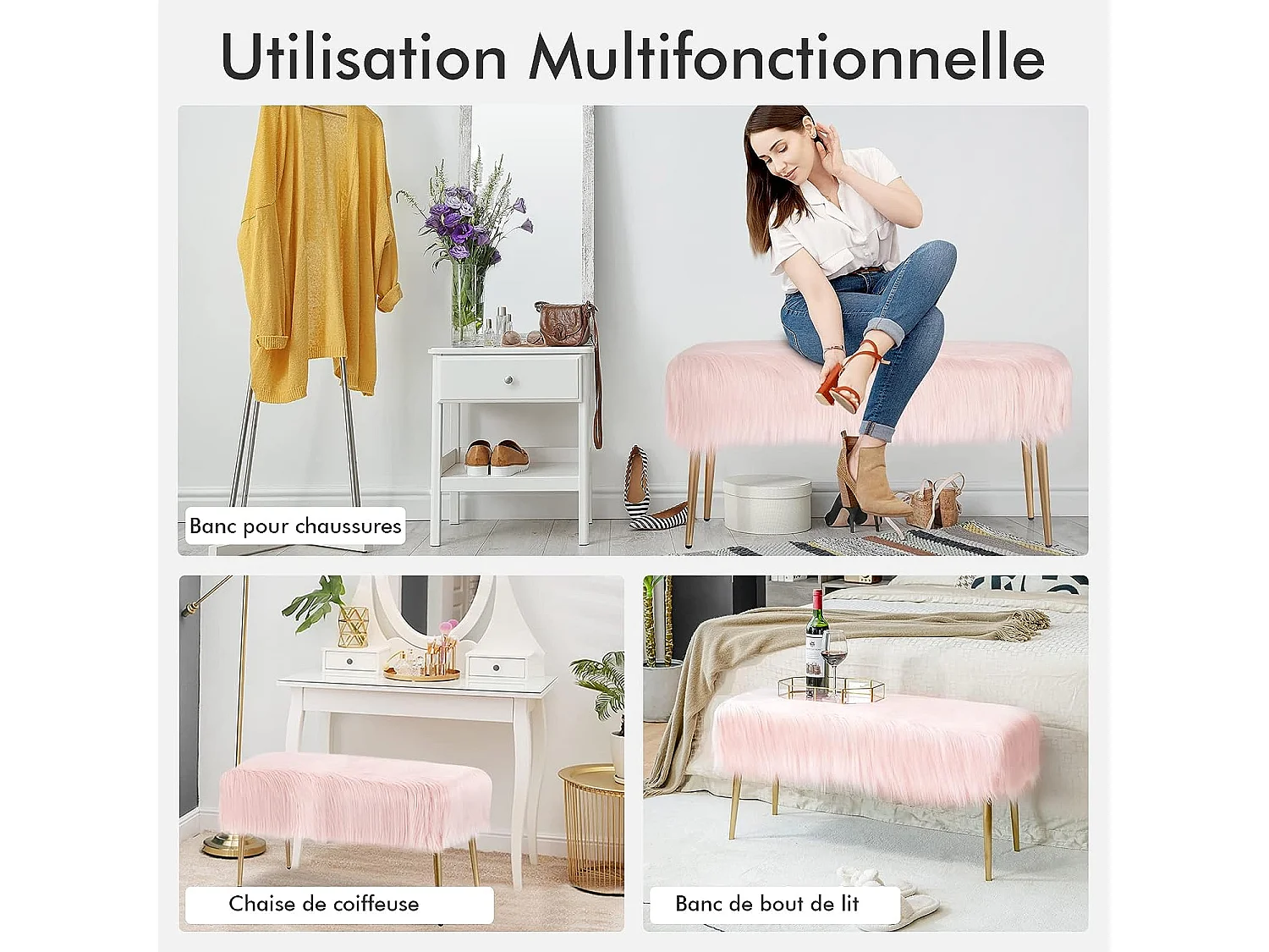 Banc en fourrure synthétique, pieds en métal doré, bout de lit 91 35,5x 45,5 cm