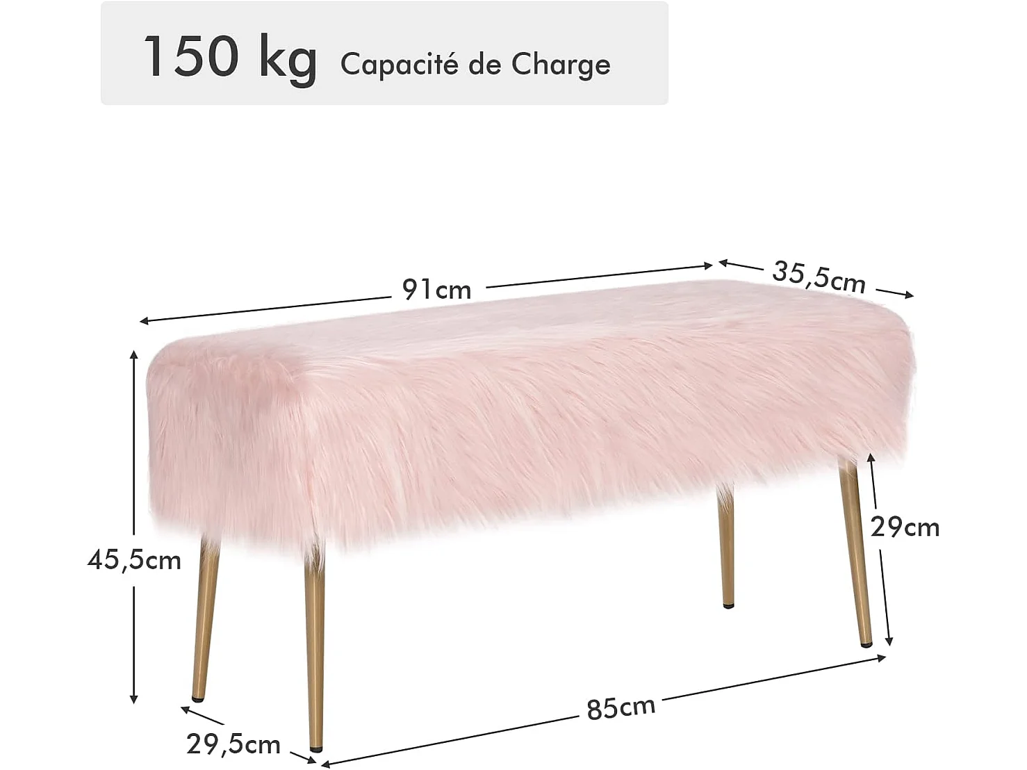Banc en fourrure synthétique, pieds en métal doré, bout de lit 91 35,5x 45,5 cm