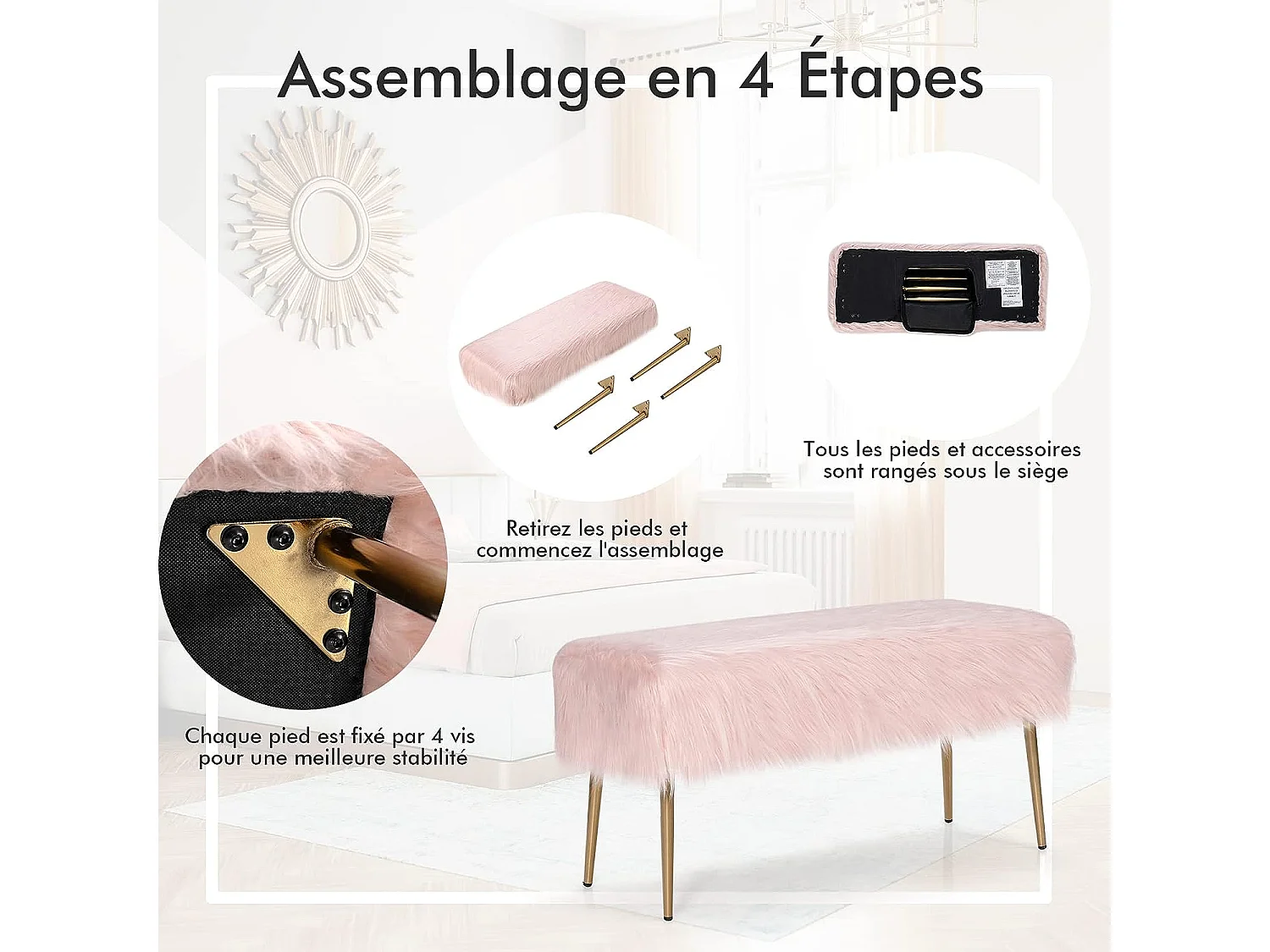 Banc en fourrure synthétique, pieds en métal doré, bout de lit 91 35,5x 45,5 cm