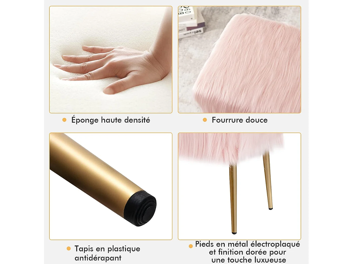 Banc en fourrure synthétique, pieds en métal doré, bout de lit 91 35,5x 45,5 cm