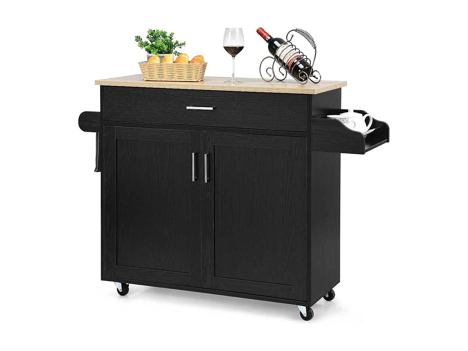 Keukentrolley met vergrendelbare wielen, keukeneiland verstelbare plank op 3 niveaus, grote kast, lade, kruidenrek en handdoekhouder, 40 x 116 x 85 cm (zwart)