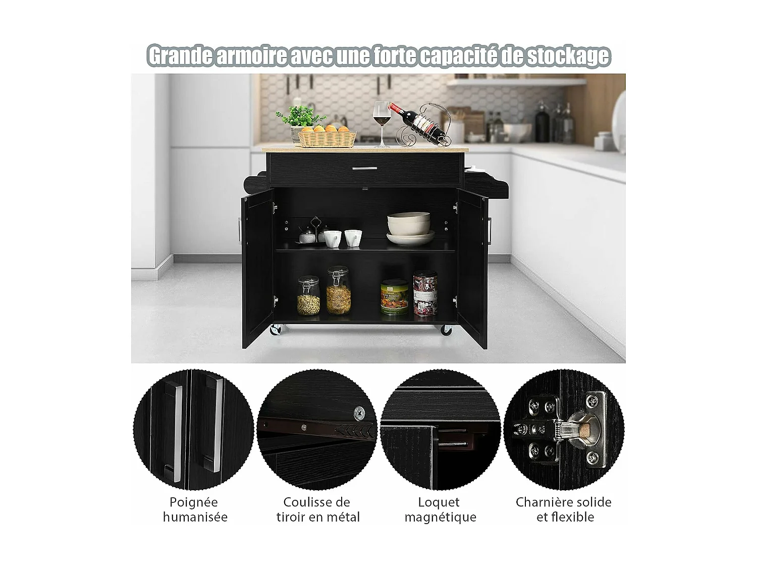 Dessert de Cuisine à roulettes Verrouillables, Ilot Central Cuisine Étagère Réglable sur 3 Niveaux, Grand Placard, Tiroir, Porte-épices et Porte-Serviettes, 40 x 116 x 85 cm (Noir)