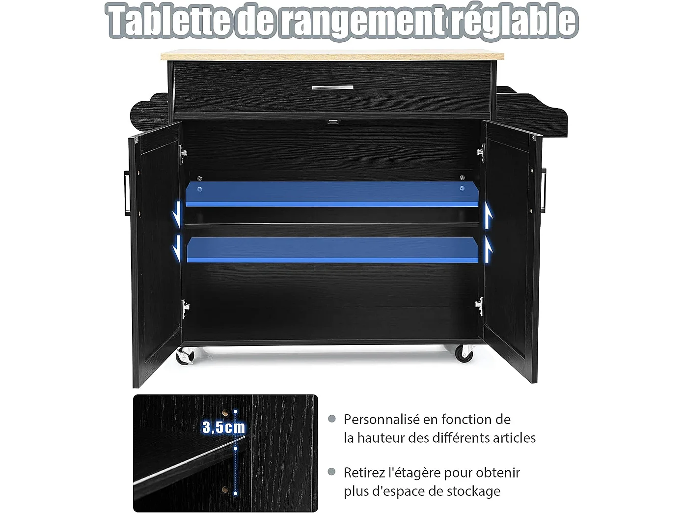 Dessert de Cuisine à roulettes Verrouillables, Ilot Central Cuisine Étagère Réglable sur 3 Niveaux, Grand Placard, Tiroir, Porte-épices et Porte-Serviettes, 40 x 116 x 85 cm (Noir)