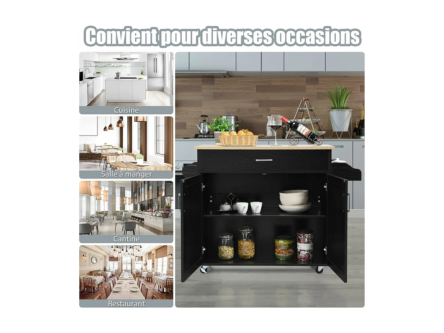 Dessert de Cuisine à roulettes Verrouillables, Ilot Central Cuisine Étagère Réglable sur 3 Niveaux, Grand Placard, Tiroir, Porte-épices et Porte-Serviettes, 40 x 116 x 85 cm (Noir)