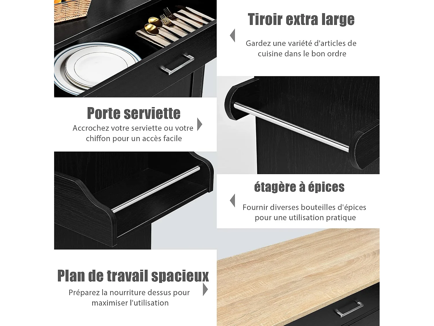 Dessert de Cuisine à roulettes Verrouillables, Ilot Central Cuisine Étagère Réglable sur 3 Niveaux, Grand Placard, Tiroir, Porte-épices et Porte-Serviettes, 40 x 116 x 85 cm (Noir)