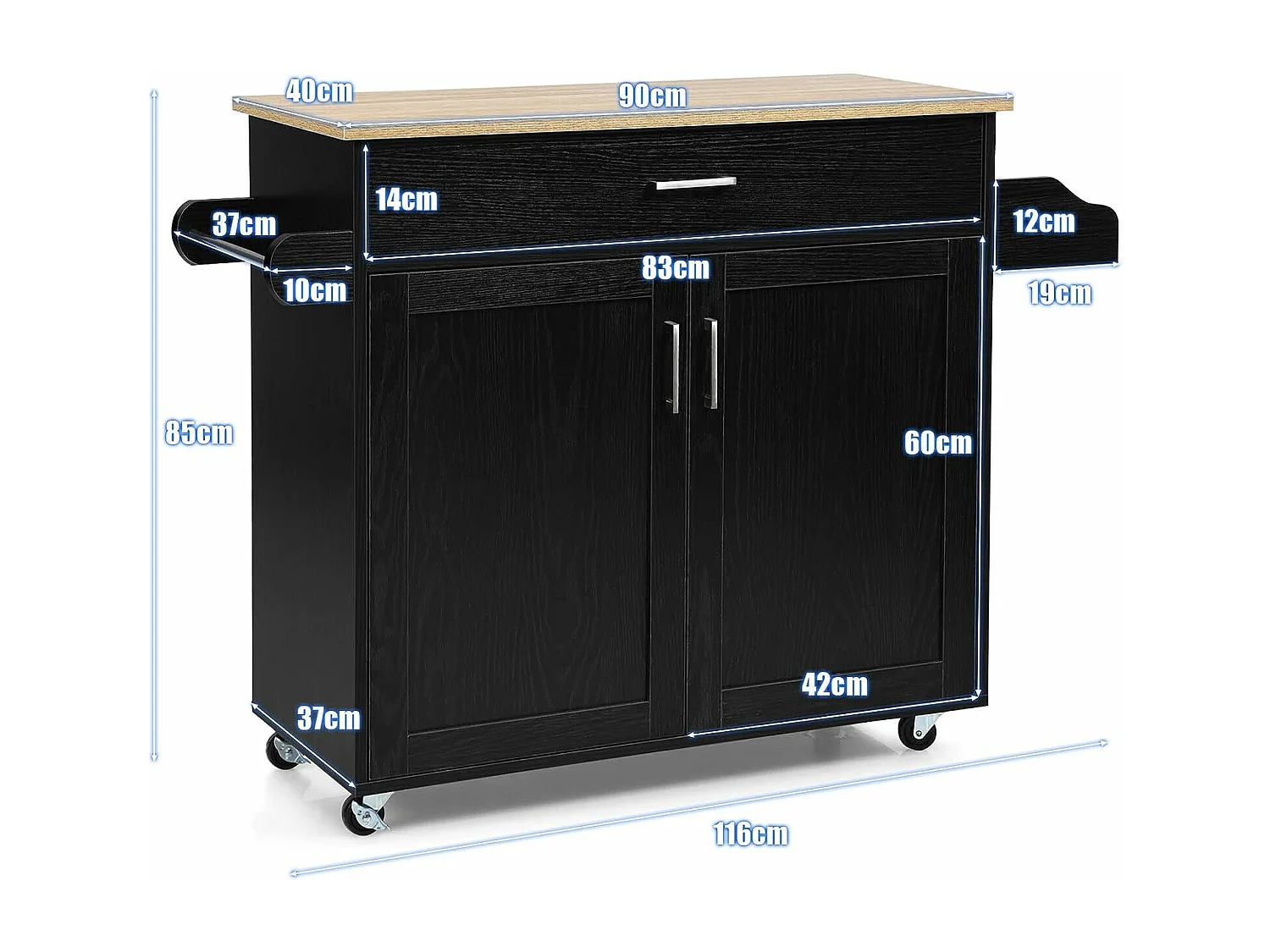 Dessert de Cuisine à roulettes Verrouillables, Ilot Central Cuisine Étagère Réglable sur 3 Niveaux, Grand Placard, Tiroir, Porte-épices et Porte-Serviettes, 40 x 116 x 85 cm (Noir)