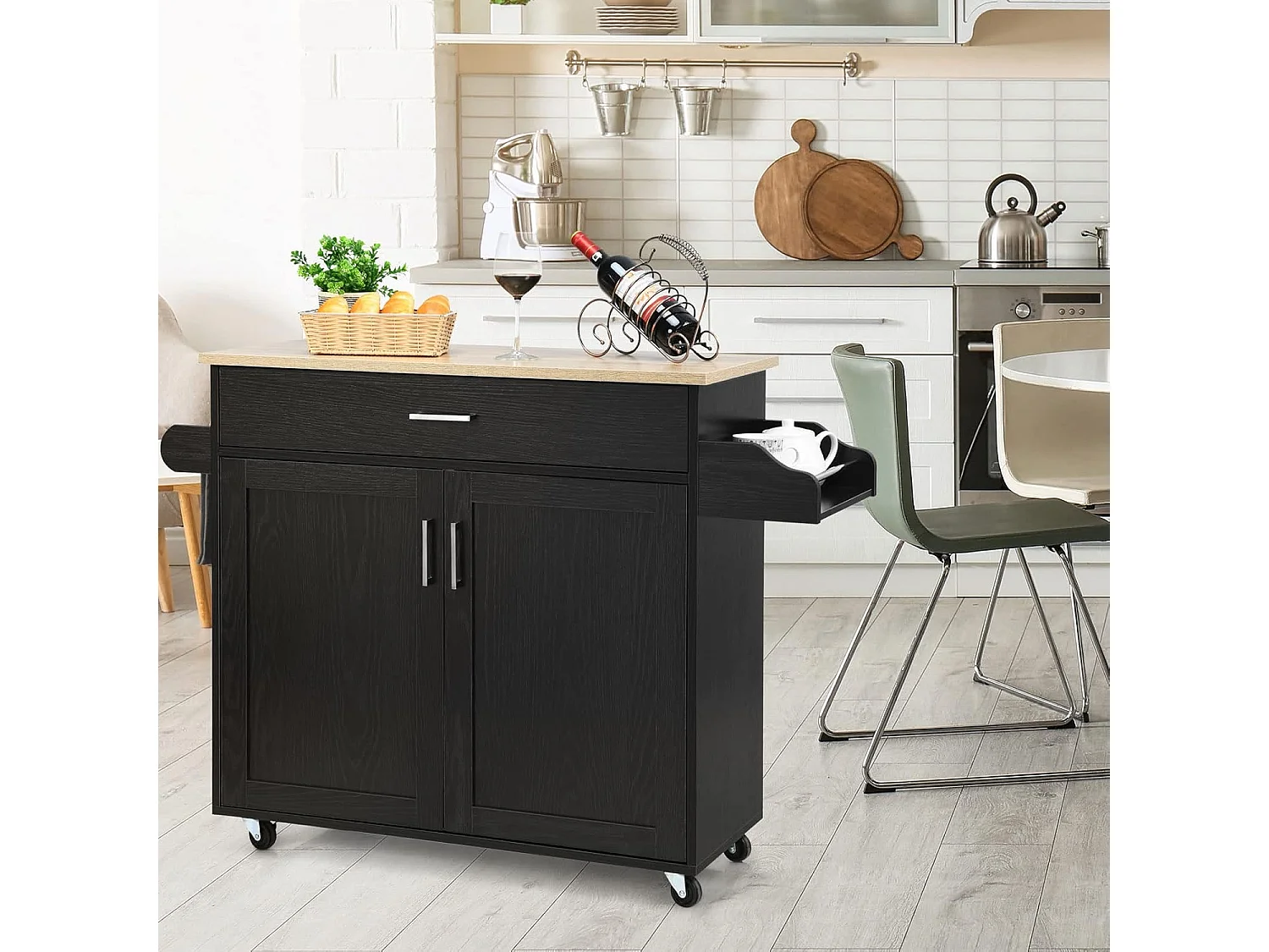 Dessert de Cuisine à roulettes Verrouillables, Ilot Central Cuisine Étagère Réglable sur 3 Niveaux, Grand Placard, Tiroir, Porte-épices et Porte-Serviettes, 40 x 116 x 85 cm (Noir)