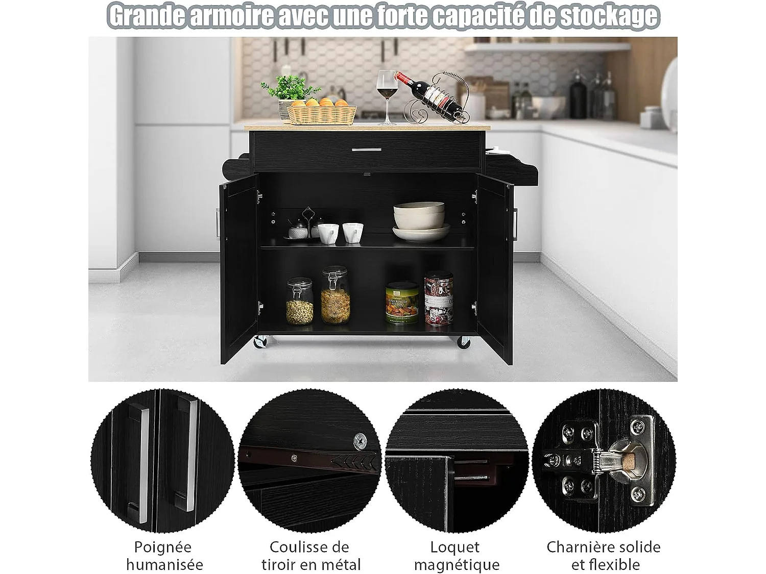 Desserte de cusine, bîlot de cuisine à roulettes etagère réglable sur 3 niveaux noir