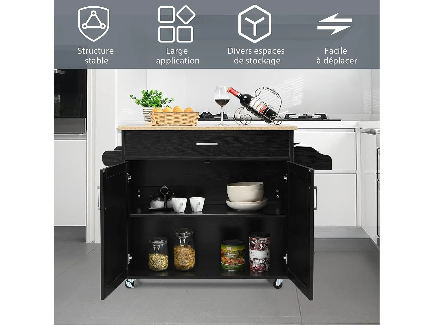 Desserte de cusine, bîlot de cuisine à roulettes etagère réglable sur 3 niveaux noir
