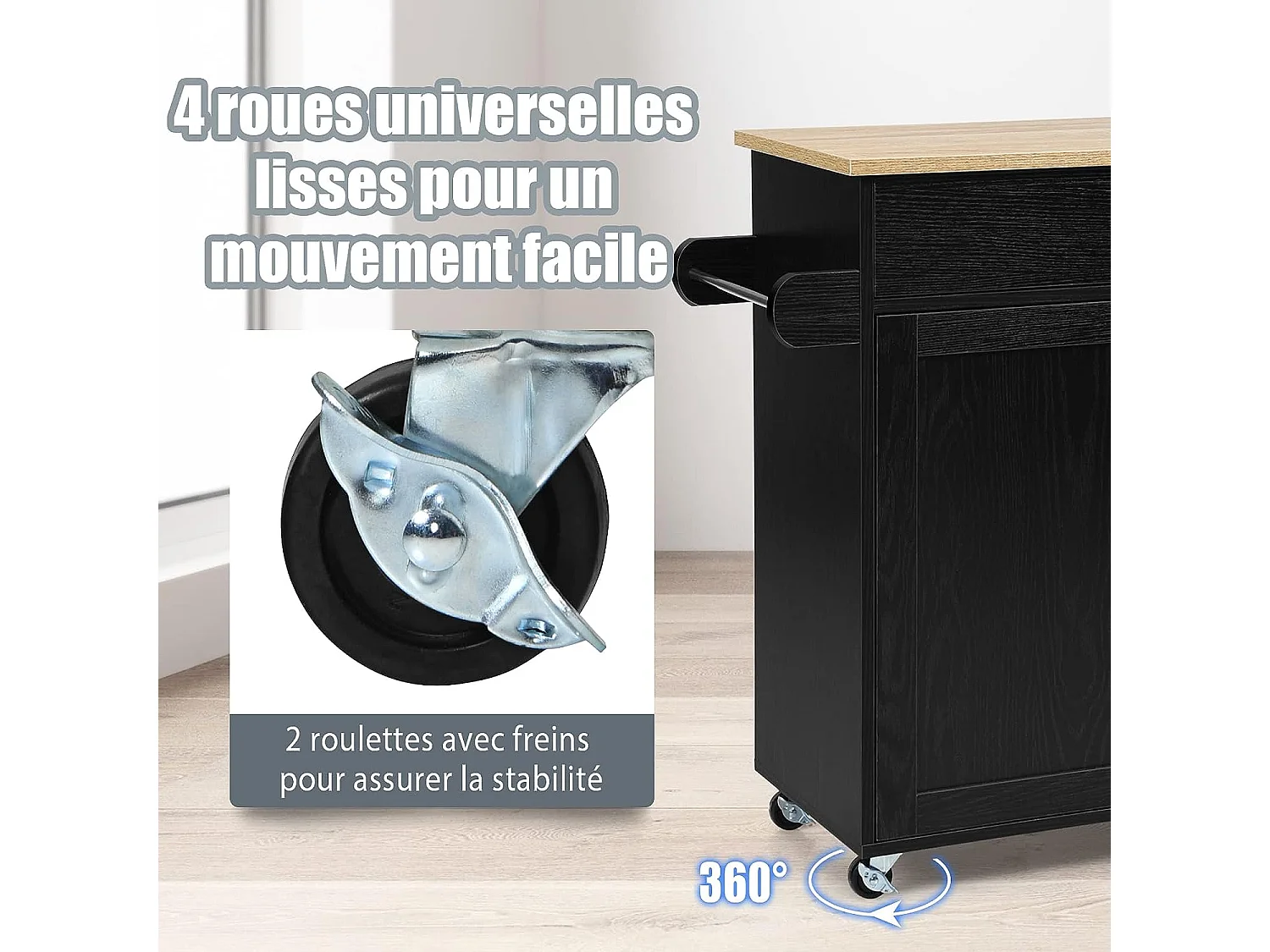 Desserte de cusine, bîlot de cuisine à roulettes etagère réglable sur 3 niveaux noir