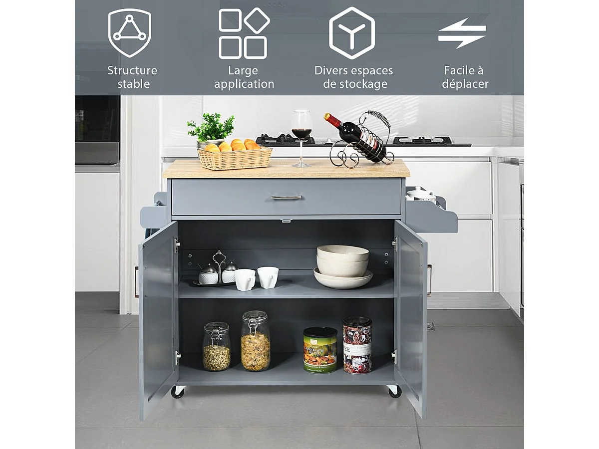 Dessert de Cuisine à roulettes Verrouillables, Ilot Central Cuisine Étagère Réglable sur 3 Niveaux, Grand Placard, Tiroir, Porte-épices et Porte-Serviettes, 40 x 116 x 85 cm (Gris)