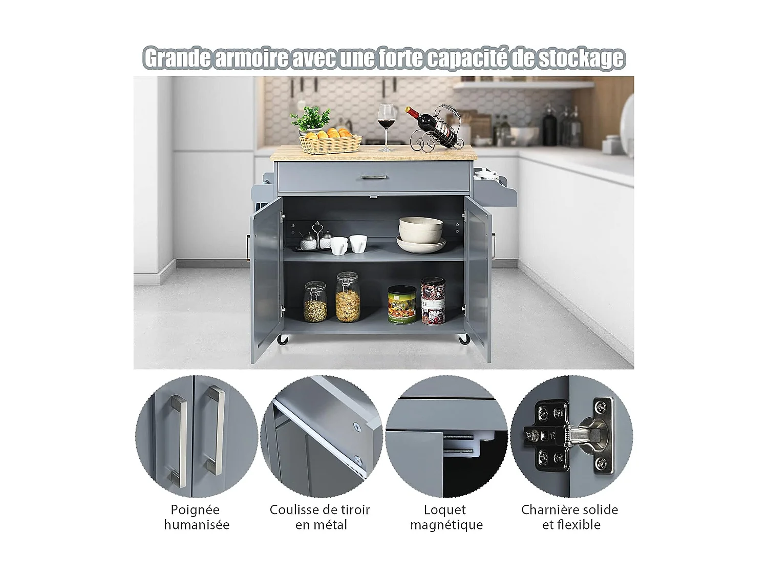 Dessert de Cuisine à roulettes Verrouillables, Ilot Central Cuisine Étagère Réglable sur 3 Niveaux, Grand Placard, Tiroir, Porte-épices et Porte-Serviettes, 40 x 116 x 85 cm (Gris)
