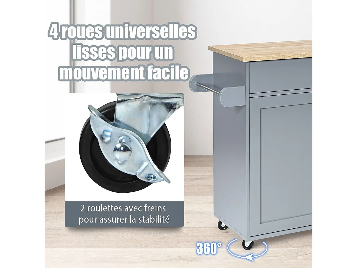 Dessert de Cuisine à roulettes Verrouillables, Ilot Central Cuisine Étagère Réglable sur 3 Niveaux, Grand Placard, Tiroir, Porte-épices et Porte-Serviettes, 40 x 116 x 85 cm (Gris)