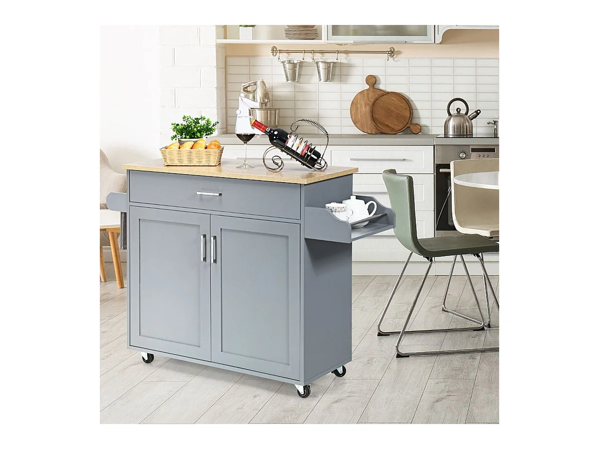 Dessert de Cuisine à roulettes Verrouillables, Ilot Central Cuisine Étagère Réglable sur 3 Niveaux, Grand Placard, Tiroir, Porte-épices et Porte-Serviettes, 40 x 116 x 85 cm (Gris)