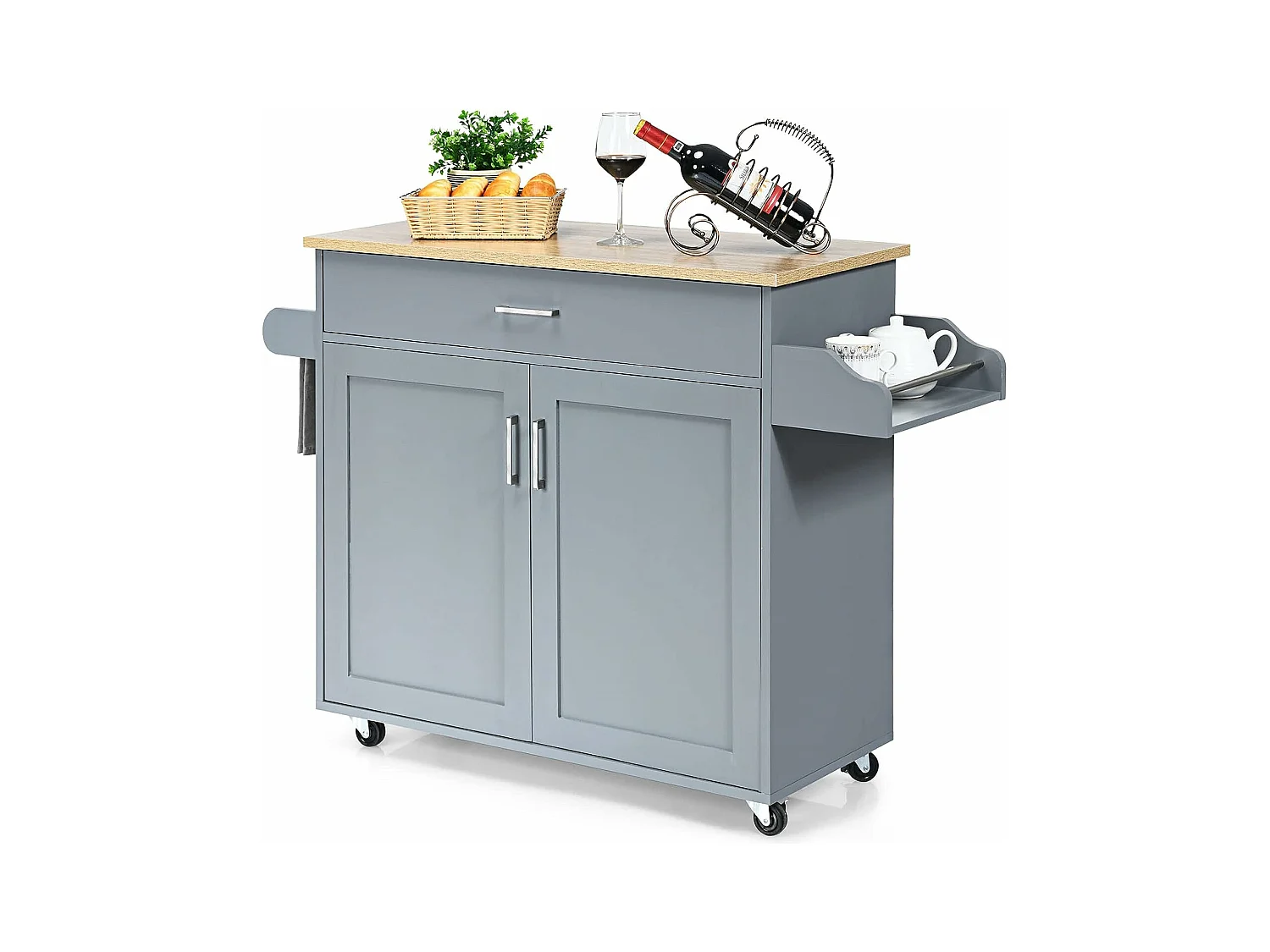 Dessert de Cuisine à roulettes Verrouillables, Ilot Central Cuisine Étagère Réglable sur 3 Niveaux, Grand Placard, Tiroir, Porte-épices et Porte-Serviettes, 40 x 116 x 85 cm (Gris)