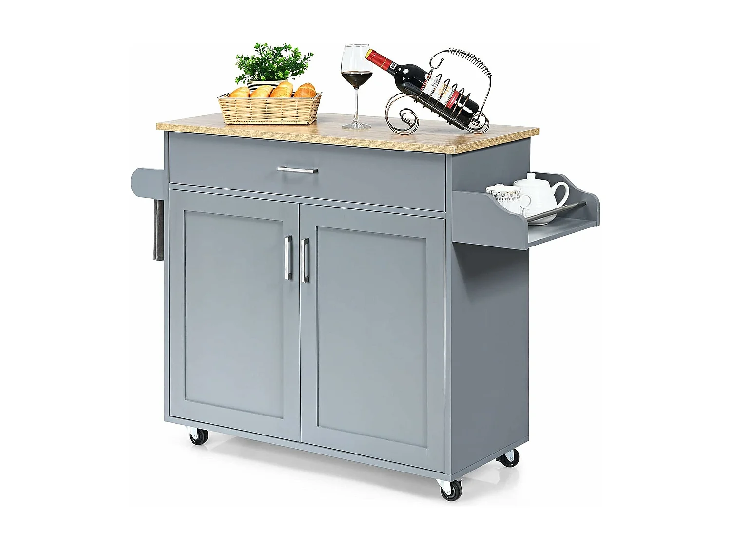 Dessert de Cuisine à roulettes Verrouillables, Ilot Central Cuisine Étagère Réglable sur 3 Niveaux, Grand Placard, Tiroir, Porte-épices et Porte-Serviettes, 40 x 116 x 85 cm (Gris)