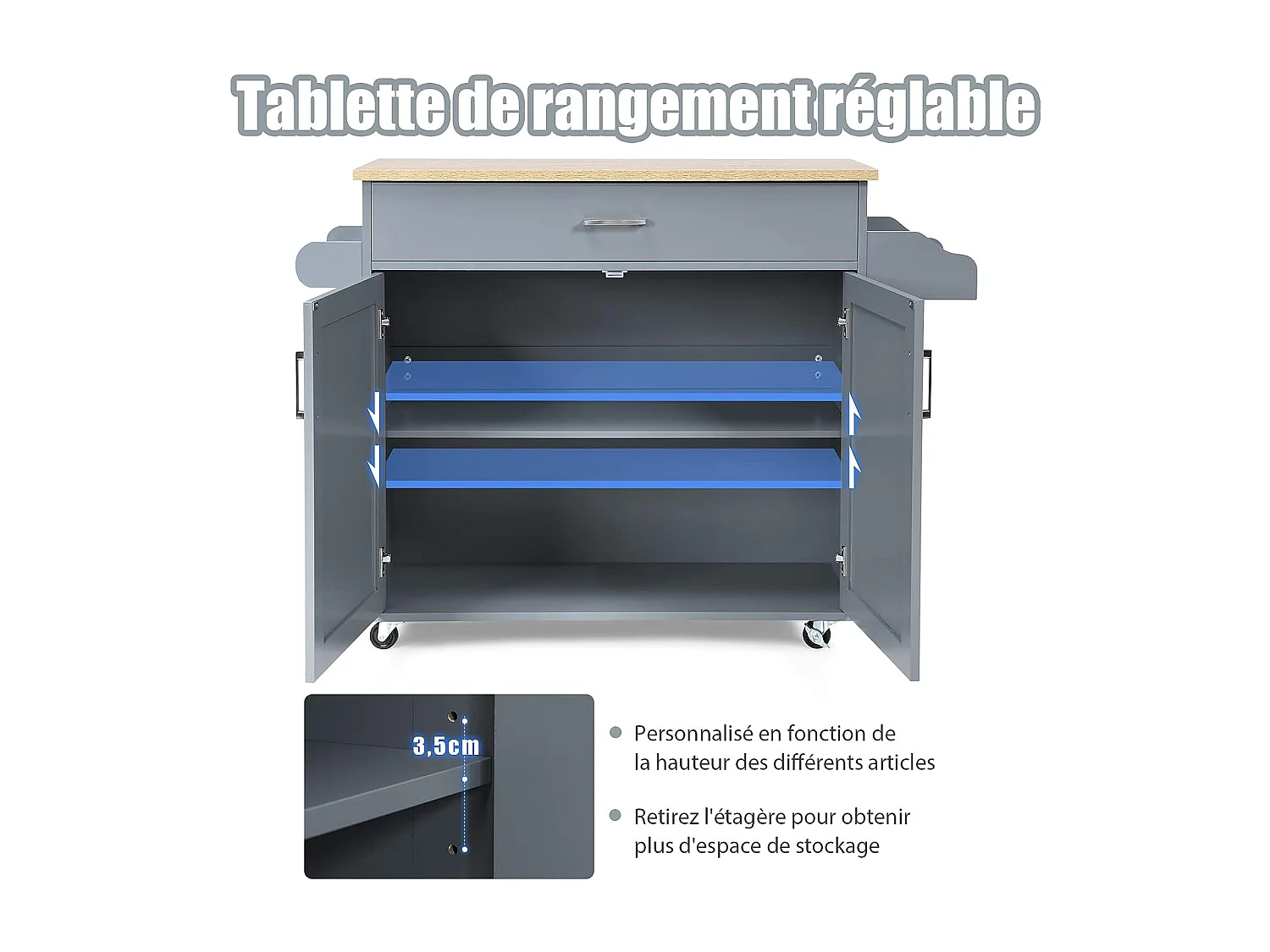 Dessert de Cuisine à roulettes Verrouillables, Ilot Central Cuisine Étagère Réglable sur 3 Niveaux, Grand Placard, Tiroir, Porte-épices et Porte-Serviettes, 40 x 116 x 85 cm (Gris)