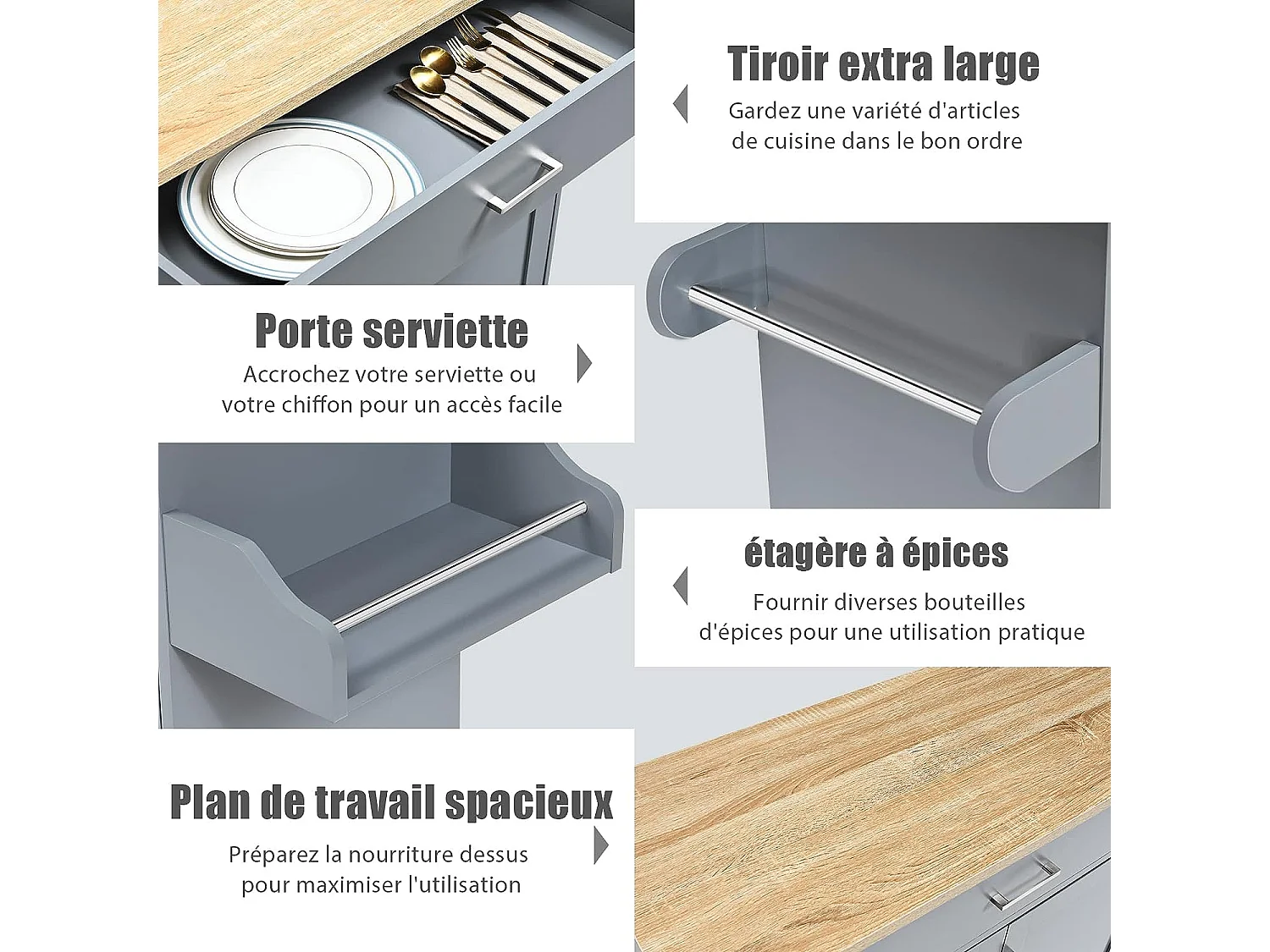 Dessert de Cuisine à roulettes Verrouillables, Ilot Central Cuisine Étagère Réglable sur 3 Niveaux, Grand Placard, Tiroir, Porte-épices et Porte-Serviettes, 40 x 116 x 85 cm (Gris)