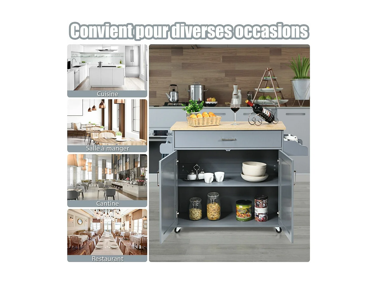 Dessert de Cuisine à roulettes Verrouillables, Ilot Central Cuisine Étagère Réglable sur 3 Niveaux, Grand Placard, Tiroir, Porte-épices et Porte-Serviettes, 40 x 116 x 85 cm (Gris)