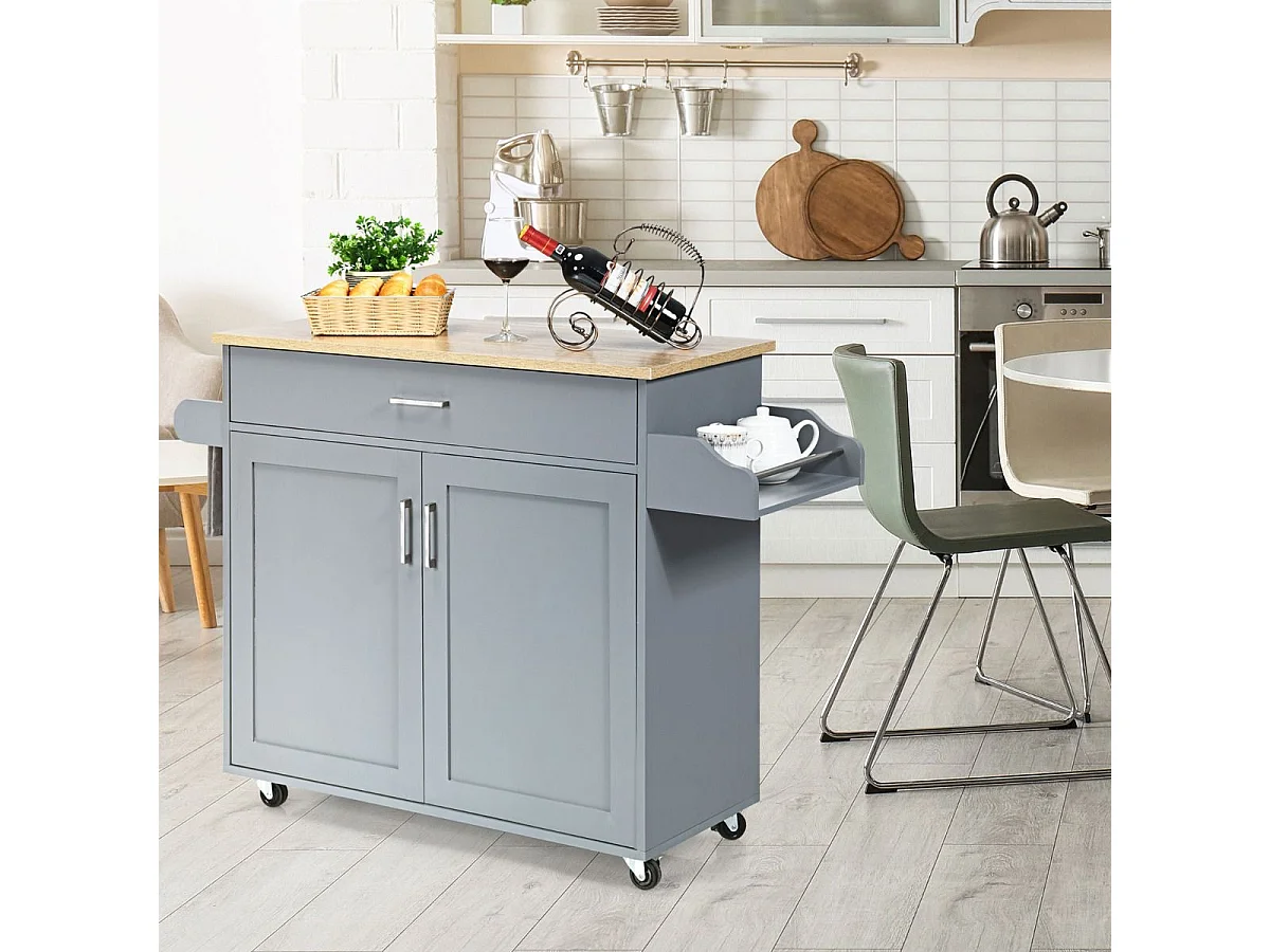 Dessert de Cuisine à roulettes Verrouillables, Ilot Central Cuisine Étagère Réglable sur 3 Niveaux, Grand Placard, Tiroir, Porte-épices et Porte-Serviettes, 40 x 116 x 85 cm (Gris)