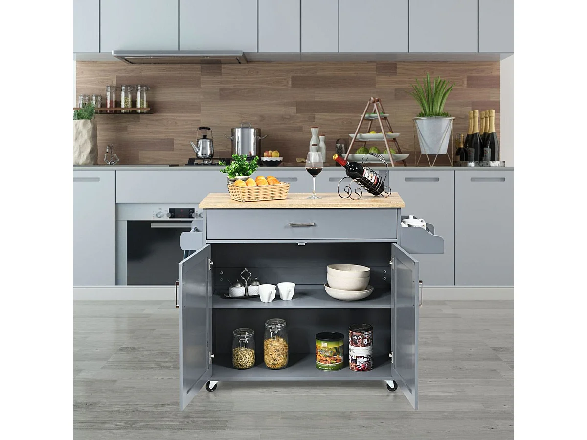 Dessert de Cuisine à roulettes Verrouillables, Ilot Central Cuisine Étagère Réglable sur 3 Niveaux, Grand Placard, Tiroir, Porte-épices et Porte-Serviettes, 40 x 116 x 85 cm (Gris)