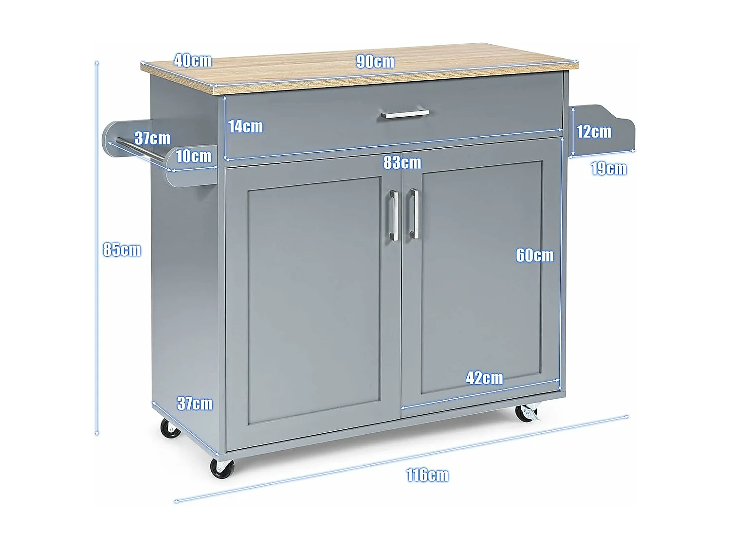 Dessert de Cuisine à roulettes Verrouillables, Ilot Central Cuisine Étagère Réglable sur 3 Niveaux, Grand Placard, Tiroir, Porte-épices et Porte-Serviettes, 40 x 116 x 85 cm (Gris)
