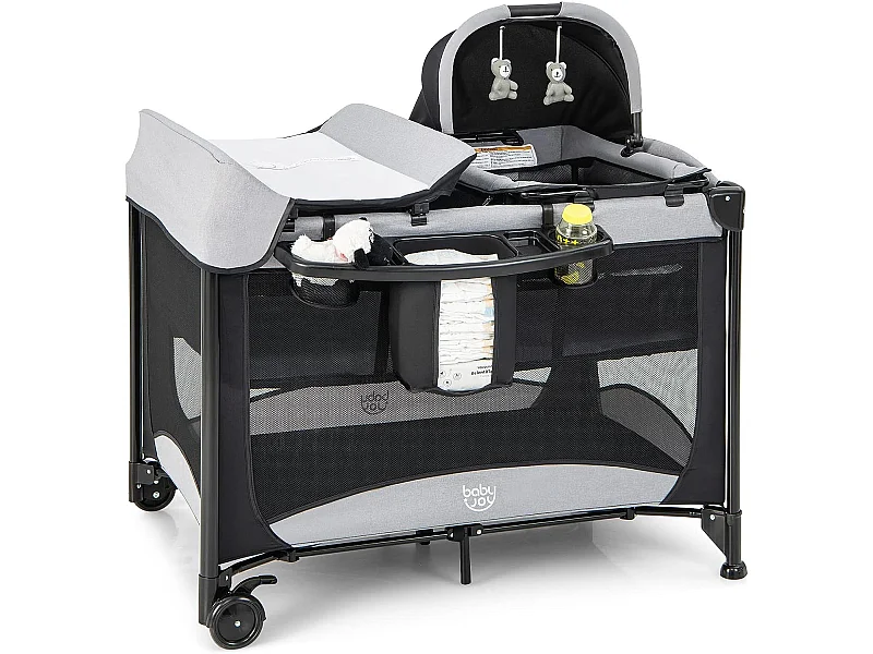 Lit Parapluie Bébé Pliable 5 en 1 Matelas Table à Langer en Forme U avec Auvent Réglable,2 Jouets, Entrée Latérale Noir