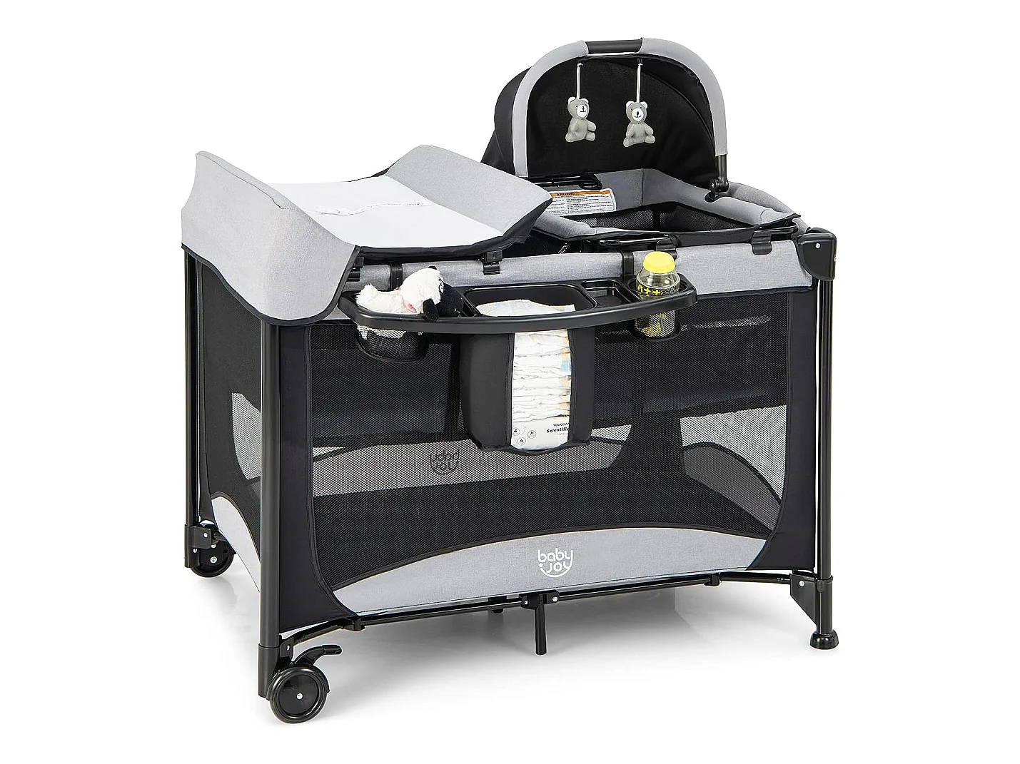 Lit Parapluie Bébé Pliable 5 en 1 Matelas Table à Langer en Forme U avec Auvent Réglable,2 Jouets, Entrée Latérale Noir
