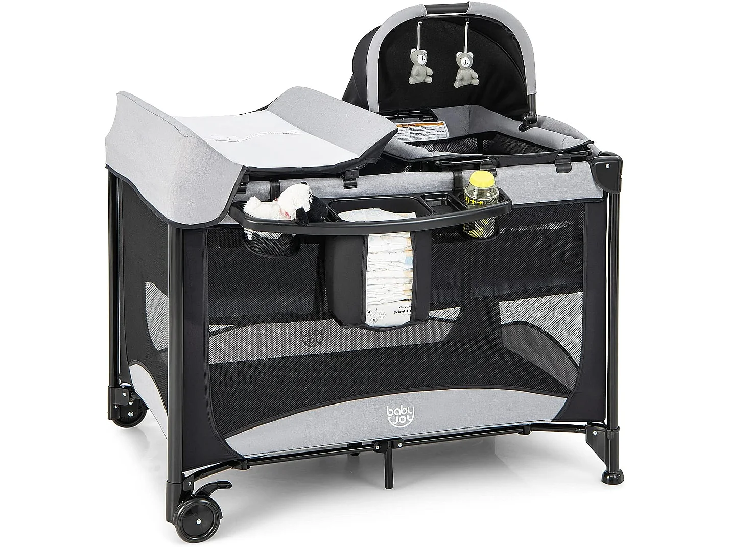 Lit Parapluie Bébé Pliable 5 en 1 Matelas Table à Langer en Forme U avec Auvent Réglable,2 Jouets, Entrée Latérale Noir