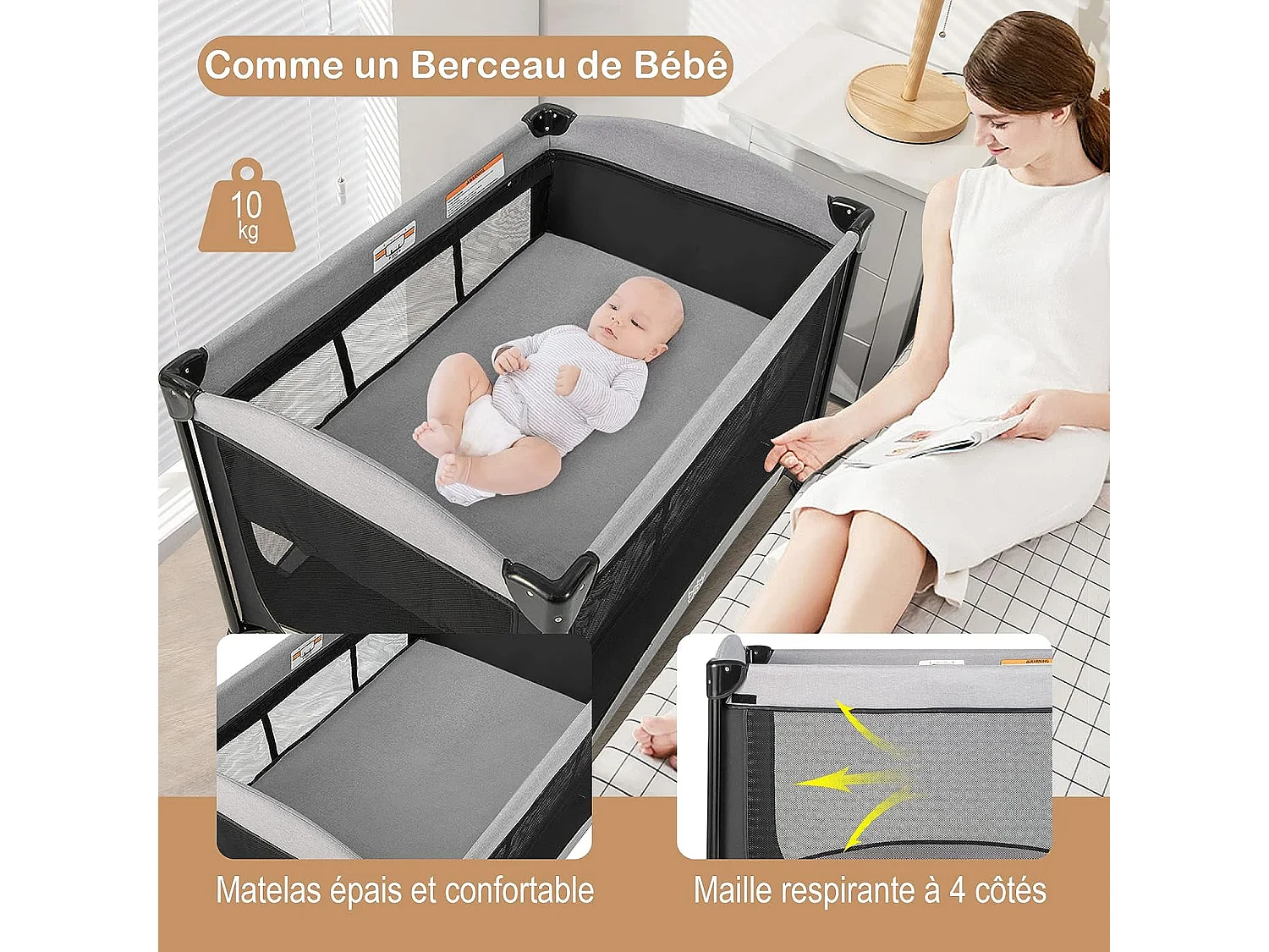 Lit Parapluie Bébé Pliable 5 en 1 Matelas Table à Langer en Forme U avec Auvent Réglable,2 Jouets, Entrée Latérale Noir