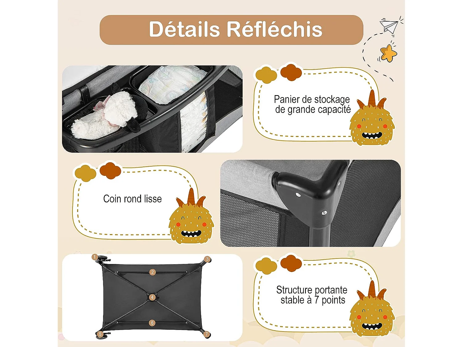 Lit Parapluie Bébé Pliable 5 en 1 Matelas Table à Langer en Forme U avec Auvent Réglable,2 Jouets, Entrée Latérale Noir