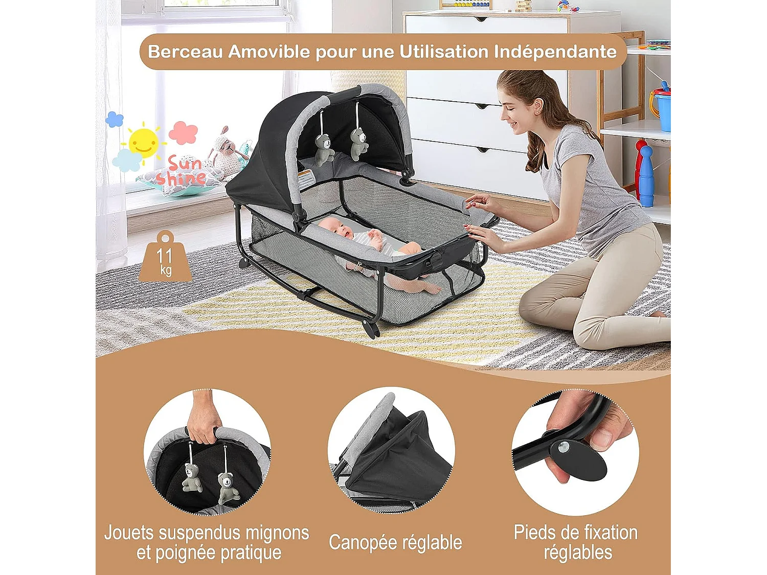 Lit Parapluie Bébé Pliable 5 en 1 Matelas Table à Langer en Forme U avec Auvent Réglable,2 Jouets, Entrée Latérale Noir