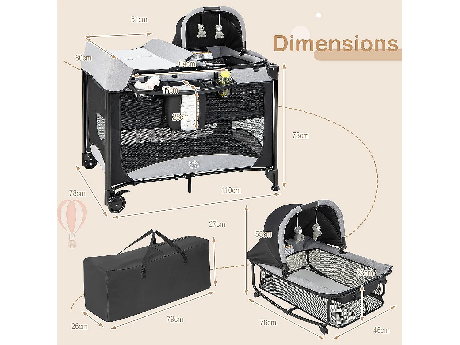 Lit Parapluie Bébé Pliable 5 en 1 Matelas Table à Langer en Forme U avec Auvent Réglable,2 Jouets, Entrée Latérale Noir