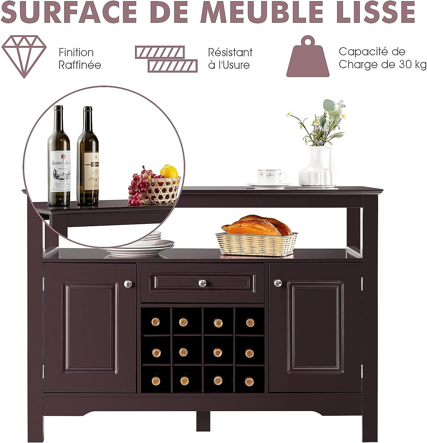 Meuble Rangement Cuisine Avec Multiprise Et Casier à Vin - 107x40x80 Cm, Blanc, 3 Tiroirs, 2 Armoires - 5