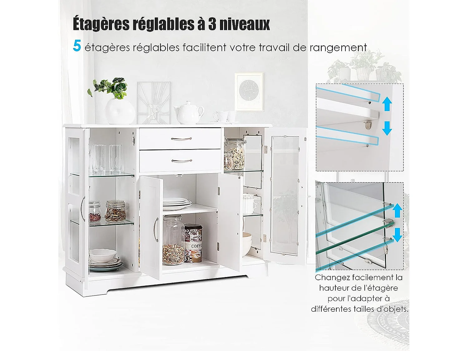 Buffet de Cuisine, Meuble de Rangement avec 2 Tiroirs, 2 Portes Simples en Verre Trempé et 1 Porte à La Française, Armoire pour Cuisine et Salon 107 x 30 x 82 CM (Blanc)