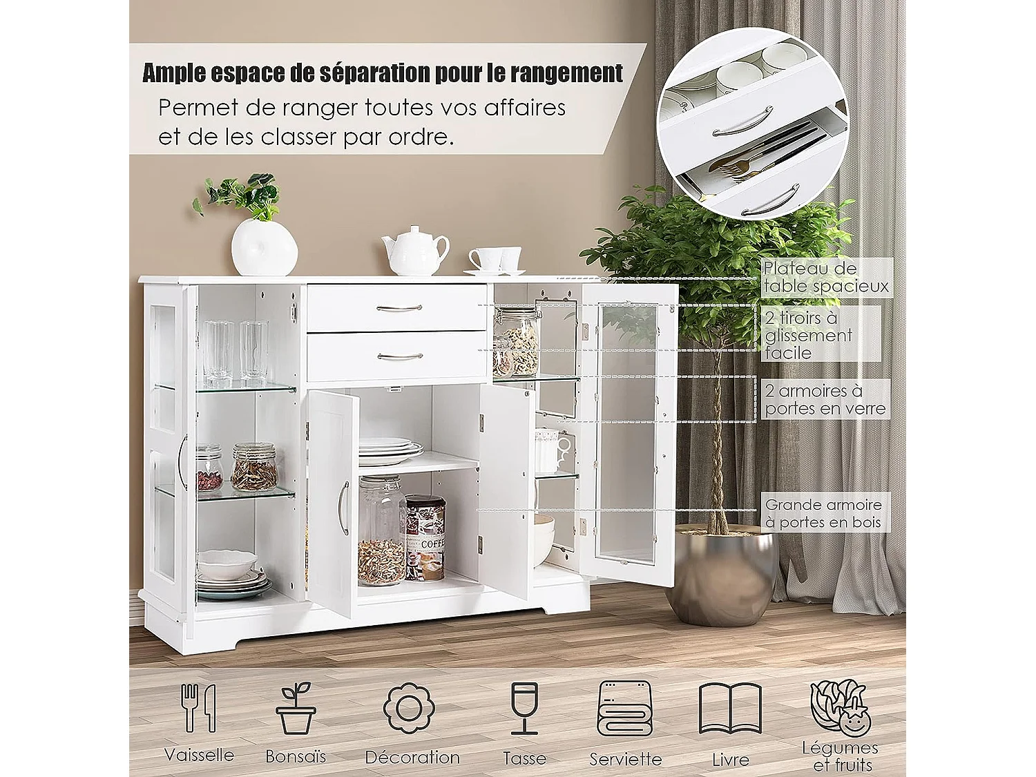 Buffet de Cuisine, Meuble de Rangement avec 2 Tiroirs, 2 Portes Simples en Verre Trempé et 1 Porte à La Française, Armoire pour Cuisine et Salon 107 x 30 x 82 CM (Blanc)