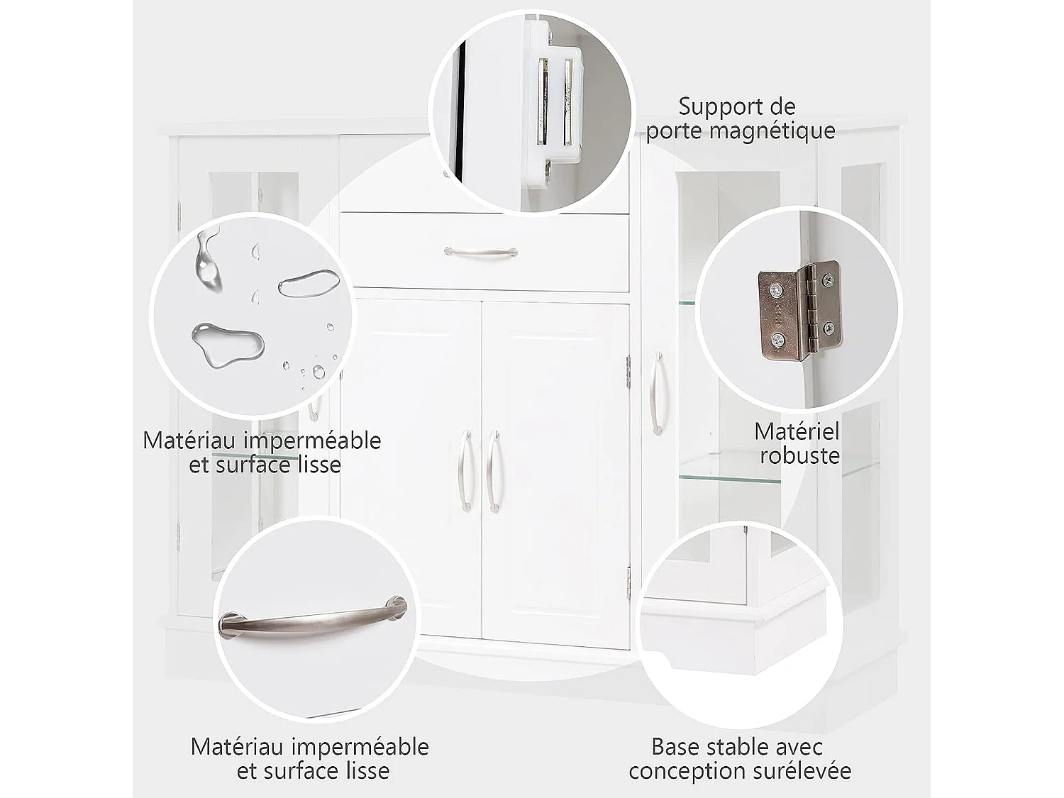 Buffet de Cuisine, Meuble de Rangement avec 2 Tiroirs, 2 Portes Simples en Verre Trempé et 1 Porte à La Française, Armoire pour Cuisine et Salon 107 x 30 x 82 CM (Blanc)